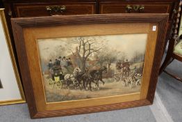 Rural Scene with a Coach and Horses and Huntsmen and Hounds watercolour in a reeded oak frame.