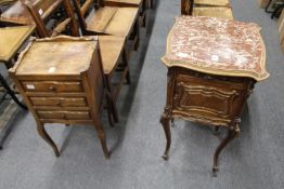 A 19th century French carved walnut pot cupboard with a marble top, small drawer and cupboard