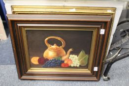 A still life of kettle and fruit, oil on canvas together with another still life.