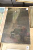 A Man Seated in a Bench by a Street Lamp oil on board, unframed.