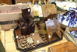 A wooden tray, a carved wood figure, a Quran stand etc.