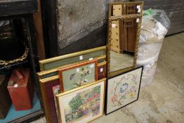 Embroidered pictures and two gilt framed mirrors.