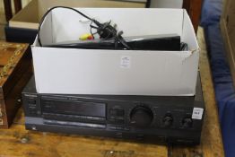 A Technics amplifier, a Panasonic DVD player and a pair of Bose speakers.