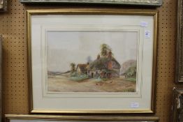 Rural Scene with a Cottage and Chickens Feeding on a Path watercolour.