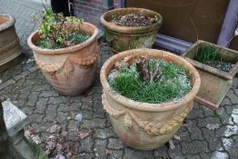 A good large pair of terracotta urns moulded with swags of fruit.