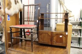 A small chair and a wall shelf.