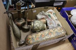 A Indian papier mache glove box, various Persian metalware items, Chinese bars etc.