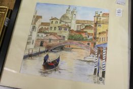 A Canal Scene with Buildings and Figures on a Gondola watercolour.