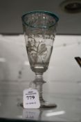 A 19th century engraved small ale glass engraved with the name Ellen Booth, with moulded turquoise