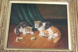 Playful Kittens oil on board, in a decorative gilt frame.
