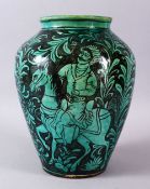 A GOOD NATANZ QAJAR POTTERY VASE, the body decorated with a male huntsman on horseback chasing deer,