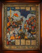 A 20TH CENTURY PERSIAN MINIATURE PRINT, of figures and animals in landscapes, with gilt