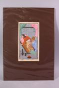 AN INDIAN HAND PAINTED MANUSCRIPT PAGE, depicting a couple in erotic scene, image size 24cm x 12cm.