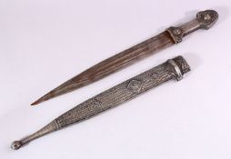 A 19TH CENTURY RUSSIAN KINJAL DAGGER with niello decoration to the scabbard and hilt, 49cm long.