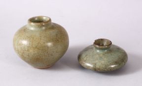 TWO EARLY POSSIBLY 12TH CENTURY CHINESE CELADON CRACKLE GLAZED BRUSH WASHERS, both with a celadon