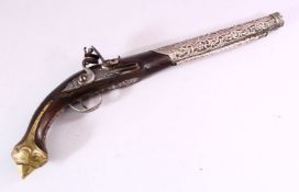 AN 18TH CENTURY ANGLO PERSIAN FLINTLOCK PISTOL, barrel with later overlaid chased silver decoration,