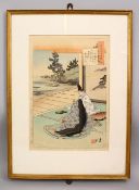 A GOOD JAPANESE MEIJI PERIOD SIGNED FRAMED WOOD BLOCK PRINT - BY GEKKOU, depicting two seated