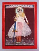 AN INDIAN SCHOOL MUGHAL MINIATURE PAINTING OF A PRINCE, depicted in traditional dress holding his