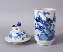 A 19TH CENTURY OR EARLIER CHINESE BLUE & WHITE PORCELAIN VASE & COVER, the vase with views of a