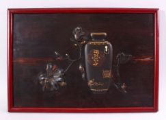 A FINE JAPANESE MEIJI PERIOD CARVED AND LACQUER WOOD PANEL, the panel depicting a carved wooden