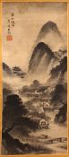 A GOOD 19TH/20TH CENTURY CHINESE SCROLL PAINTING, depicting a mountainous landscape with buildings