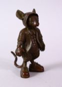 A JAPANESE BRONZE FIGURE OF A HOODED RAT, in a stood position, foot signed, 8.5cm,