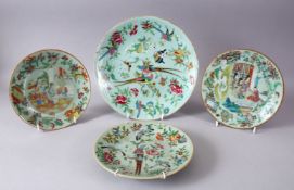 4 X 19TH CENTURY CHINESE CELADON FAMILLE ROSE PORCELAIN PLATES, one larger decorated with birds