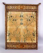 A LARGE MOTHER OF PEARL INLAID WOOD FIRE SCREEN - WITH AN EMBROIDERED NOVEAU STYLE PANEL, 89cm
