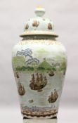 A LARGE 20TH CENTURY CHINESE PORCELAIN LIDDED URN - NAUTICAL EUROPEAN SCENES, the body of the