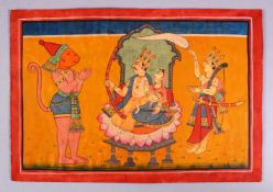 A GOOD INDIAN HANUMAN MINIATURE PAINTING, depicting three prince / princess figures aside a monkey