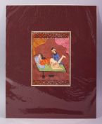 AN INDIAN HAND PAINTED MANUSCRIPT PAGE, depicting a couple in erotic scene, image size 20cm x 14cm.