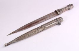 A 19TH CENTURY RUSSIAN KINJAL DAGGER with niello decoration to the scabbard and hilt, 46cm long.