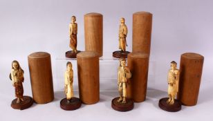 A SET OF SIX 18TH/19TH CENTURY ORIENTAL/EASTERN CARVED AND STAINED IVORY FIGURES, each depicting a