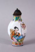 A CHINESE ENAMEL DECORATED SNUFF BOTTLE, the body decorated with scenes of female figures