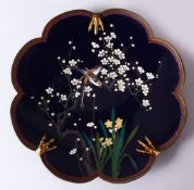 A JAPANESE MEIJI PERIOD SILVER WIRE MOULDED PETAL FORM CLOISONNE DISH, depicting two birds in a