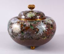 A LARGE JAPANESE MEIJI PERIOD CLOISONNE ENAMEL KORO, the body of the koro finely decorated with