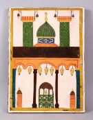 A 19TH / 20TH CENTURY ISLAMIC POTTERY TILES, with decorated with scenes of a mosque, 30cm x 22cm.