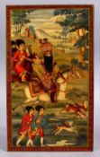 A PERSIAN QAJAR LACQUER PANEL DEPICTING FATH ALI SHAH - 2ND KING OF QAJAR, 29cm x 17cm.