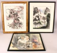 20TH CENTURY CHINESE SCHOOL, standing figure with a spear, watercolour, with inscription and