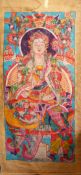 A LARGE CHINESE PAINTED TEXTILE THANGKA, painted with scenes of a seated goddess with attendant,
