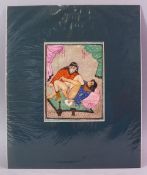 AN INDIAN HAND PAINTED MANUSCRIPT PAGE, depicting a couple in erotic scene, image size 19cm x 13.