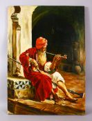 AN ORIENTALIST PAINTING - OIL ON CANVAS OF A SEATED SMOKING MAN, 71CM X 49CM