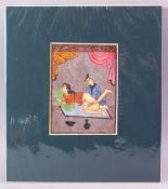 AN INDIAN HAND PAINTED MANUSCRIPT PAGE, depicting a couple in erotic scene, image size 18cm x 13cm.