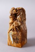 A CHINESE CARVED SOAPSTONE SEAL OF BIRDS, the seal carved with bamboo and birds, the side with