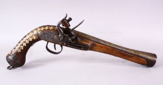 A 19TH CENTURY PERSIAN QAJAR FLINTLOCK PISTOL, with a very fine signed gold inlaid steel barrel,