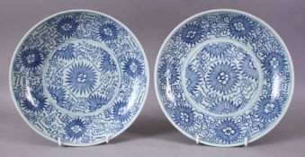 A PAIR OF 19TH CENTURY CHINESE BLUE AND WHITE CIRCULAR DISHES, painted with stylised flowerheads and