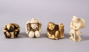 A JAPANESE MEIJI PERIOD CARVED IVORY NETSUKE & THREE OTHERS, of a seated lady holding straw and a