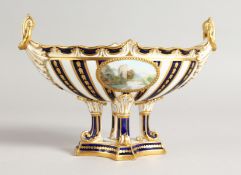 A ROYAL CROWN DERBY TWO HANDLED PEDESTAL VASE painted by ALBERT GREGORY with an oval river scene