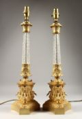 A VERY GOOD PAIR OF EMPIRE ORMOLU AND CUT GLASS LAMPS, the classical bases with swans. 21ins high.
