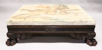 A LARGE REGENCY DESIGN RECTANGULAR TOP STOOL, the needlework top with a horse and rider, the frame